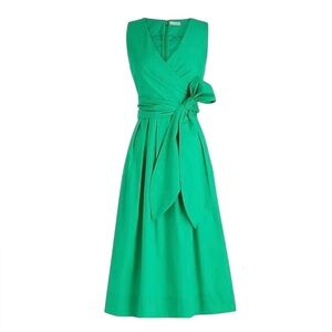 J. Crew Kelly Green Poplin Wrap Top Tie Waist A-Line Midi Dress - 2